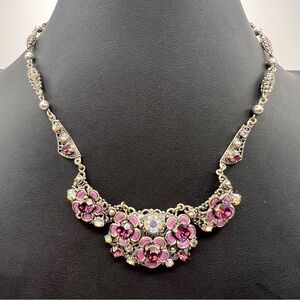 Extremely Rare Western Germany Purple Floral & AB Silver Tone Filagree Necklace